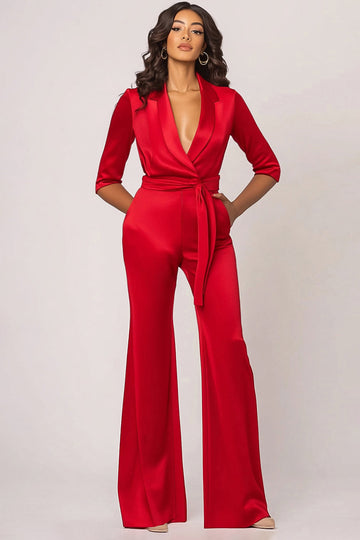 Rouge Châle Revers Manches Longues Combinaisons Formelées en satin